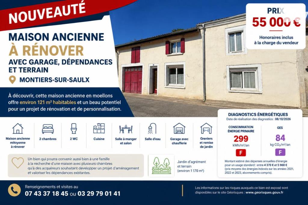 Maison 4 pièces 121 m² · à Montiers-sur-Saulx · 121,1 m² · 55 000 €